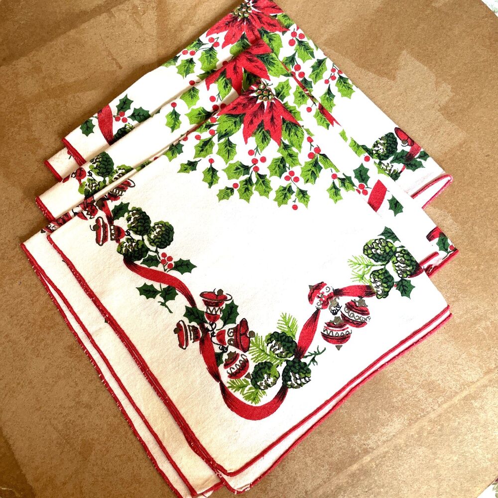 3 Vintage Mid Century Christmas Napkins Holly Berries Ribbons Bells Pine Cones